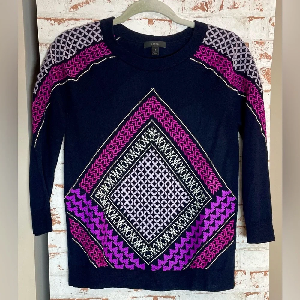 J. Crew Navy Sweater with Pink Geometric Design